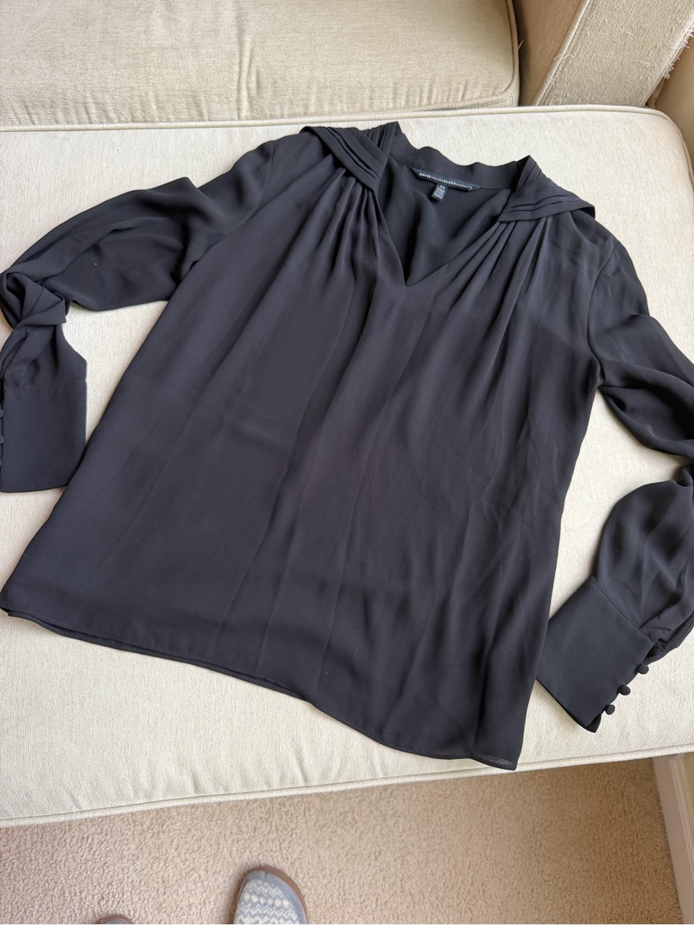 WHBM Black V-Neck Long-Sleeve Pleated Blouse